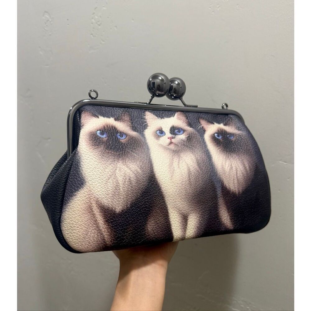 Unique Cats Print Pebble Cowhide Handmade Large Ball Kisslock Handbag, Multi Use - Picture 11 of 16
